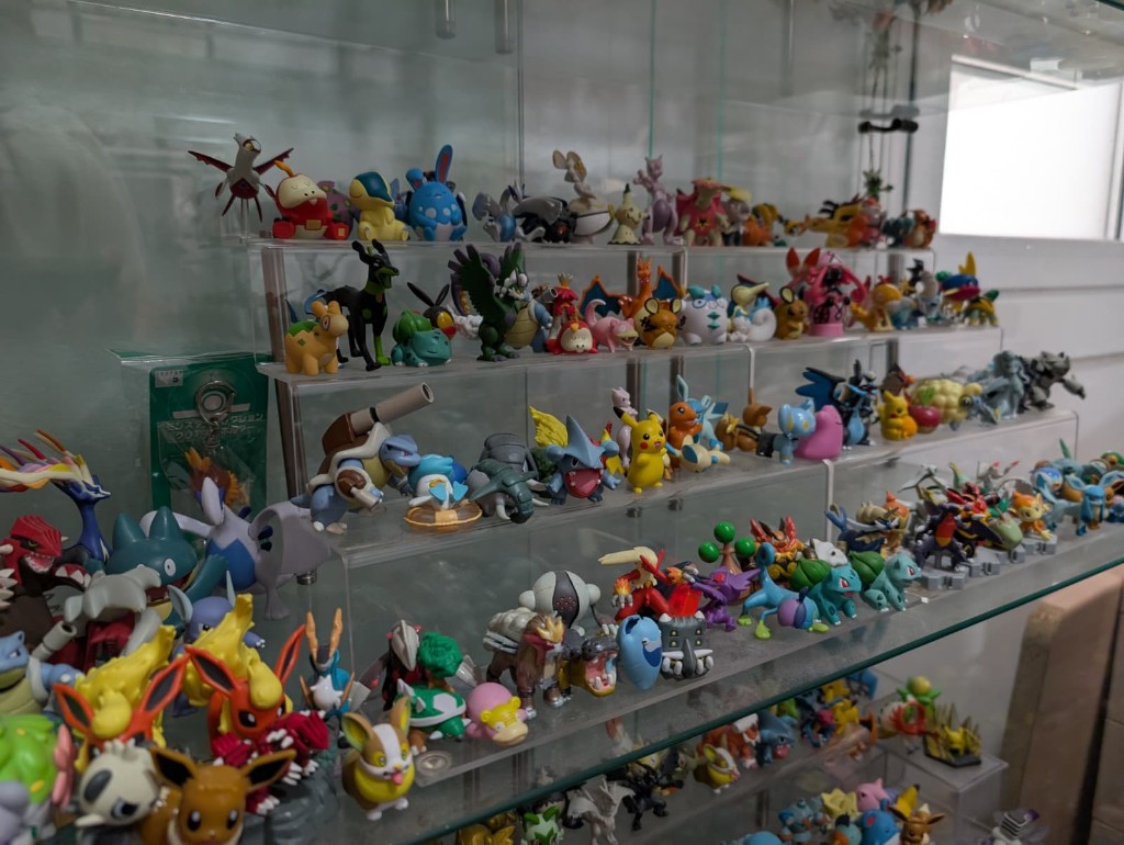 Los mismos estantes vistos de lado, con figuras de distinto tamaño